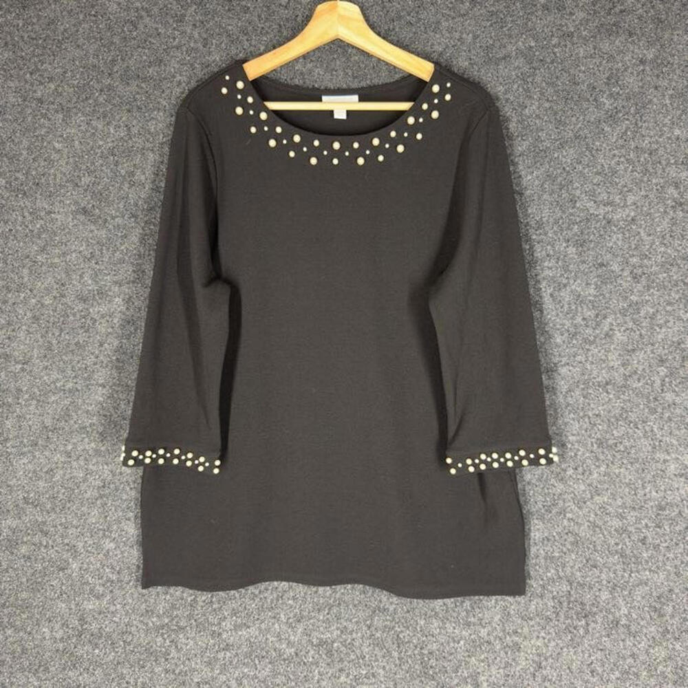 Charter Club Blouse Women L Large Black Rhinestone 3/4 Sleeve Round Neck Casual